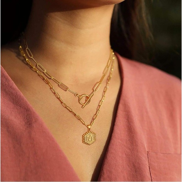 New In Box Initial "A" Medallion Pendant Layered Necklace 14k Gold-Plated Cute - Picture 2 of 7